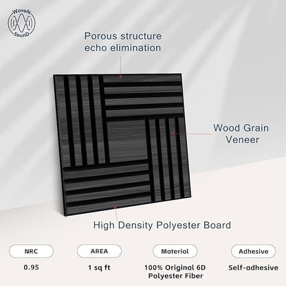 WoveN SounD Artisan Acoustic Wall Panels, 16 Pack 12x12 Inch, Wood Veneer Carved Sound Proof Wall Decor, Self-Adhesive for Home, Studio, Office & Focus Zones, Metre, Black Oak