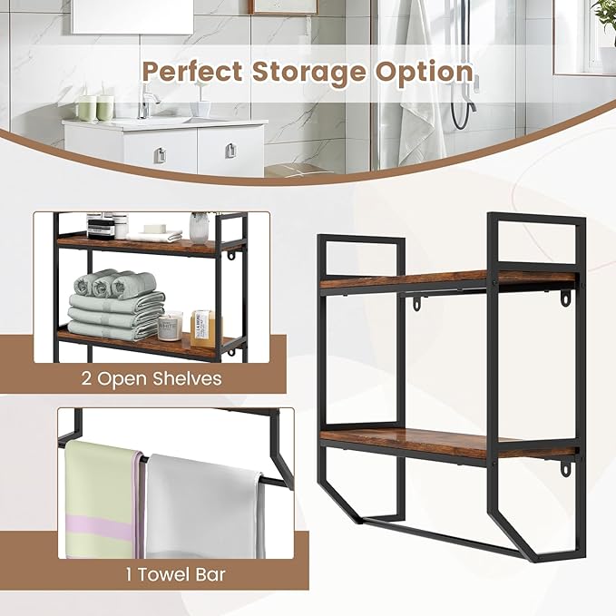 Giantex Wall Mounted Bathroom Shelves with Towel Bar, Industrial 2-Tier Over The Toilet Storage Organizer with Metal Frame, Wooden Wall Shelves, Floating Shelves for Bathroom, Kitchen, Living Room