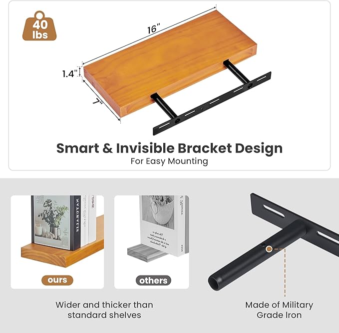 Fun Memories Wood Floating Shelves Set of 2, Rustic Pine Wood Floating Shelves for Wall Mounting, Wide Wall Shelf for Home Decor and Storage, 16" W x 7" D, Honey Oak