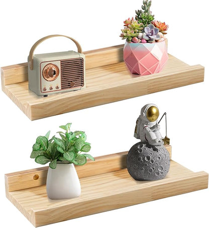 Jeffbaubl Floating Shelves Set of 2, 11.8inch Picture Ledge Shelf for Wall Decor Storage, Natural Wood Wall Shelves with Lip for Bedroom Living Room Kitchen Nursery Books Photo Frames, Natural