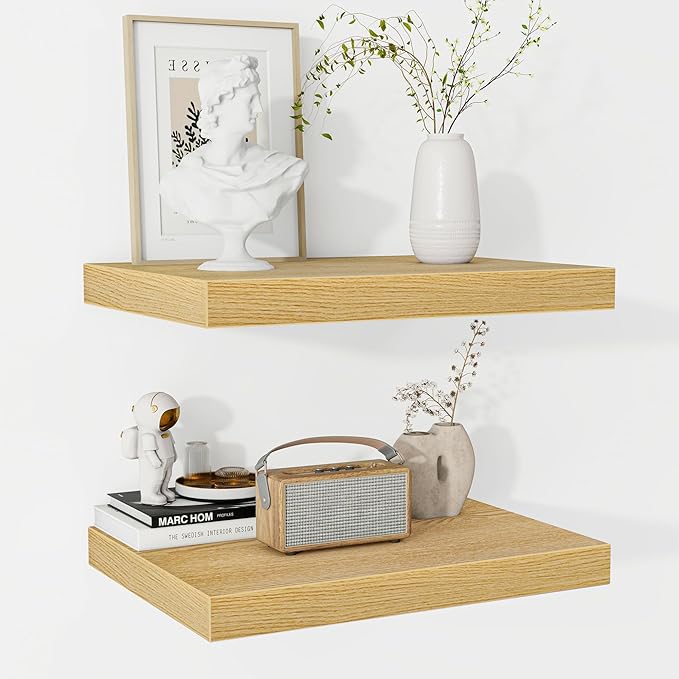 Fun Memories Floating Shelves - 2 Pack 12 Inch Rustic Wooden Wall Shelves - Extra Deeper & Thicker Wall Mounted Storage Shelf for Living Room, Kitchen, Farmhouse - 16" W x 12" D x 1.5" H - Oak