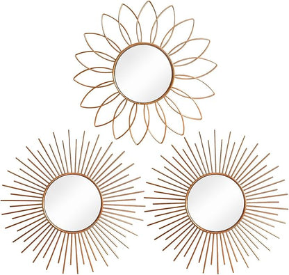 3 Pack Metal Mirrors for Wall Sunburst Wall Mirrors Home Décor Decorative Hanging Wall Art for Living Room Bedroom Entryway (Rose Gold2, Flower+Sunburst)