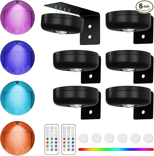 Battery Operated Painting Light, Magnetic Picture Light with Remote Dimmable and Timer, 13 Color RGB Wall Decor Puck Lights,Art Display Light for Picture Frame Paintings 6 Black
