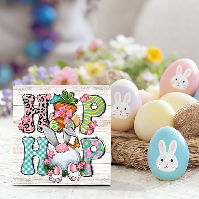 Funny Easter Sign Easter Bunny Decor Decorations Bunny Carrot Spring Flower Table Decorations Decor Indoor for Home Office Desk Table Shelf Tiered Tray Hip Hop Wooden Sign 5 X 5 Inch