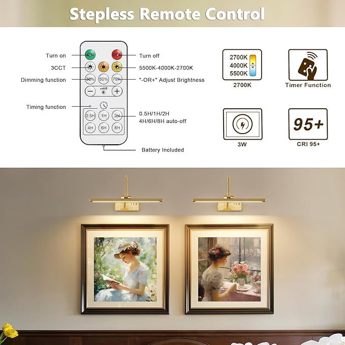 JOOSENLUX Rechargeable Picture Light with Remote Control - 3 Color Temperatures, Timer, Flexible Neck for Artwork & Piano Lighting, 5000mAh Battery, Brass Finish 2700K CRI95+