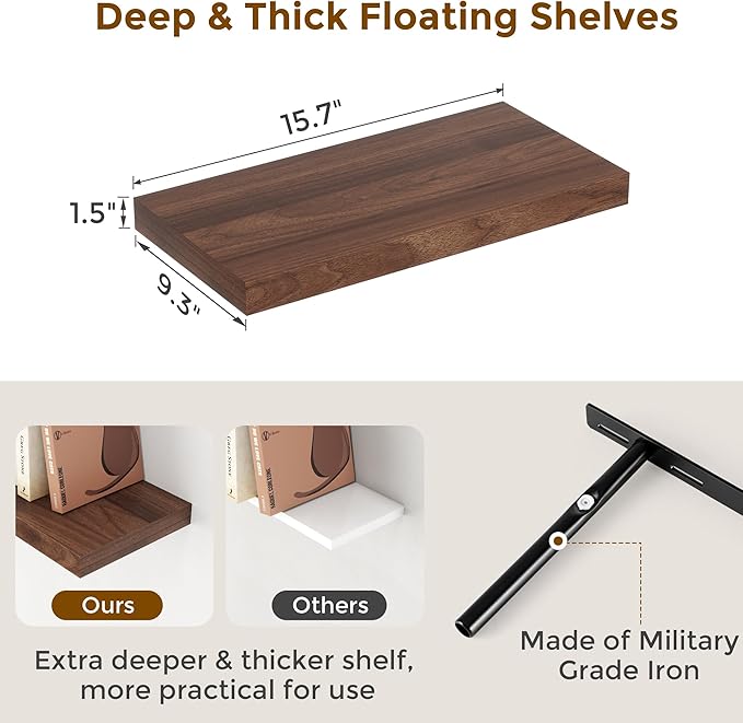 Fun Memories 16 Inch Long Floating Shelves, 9.3 Inch Deep Floating Shelf for Wall, Living Room, Kitchen, Rustic Deep Wood Shelves for Bathroom, 2 Pack Storage Display Shelf for Books, Decor, Walnut