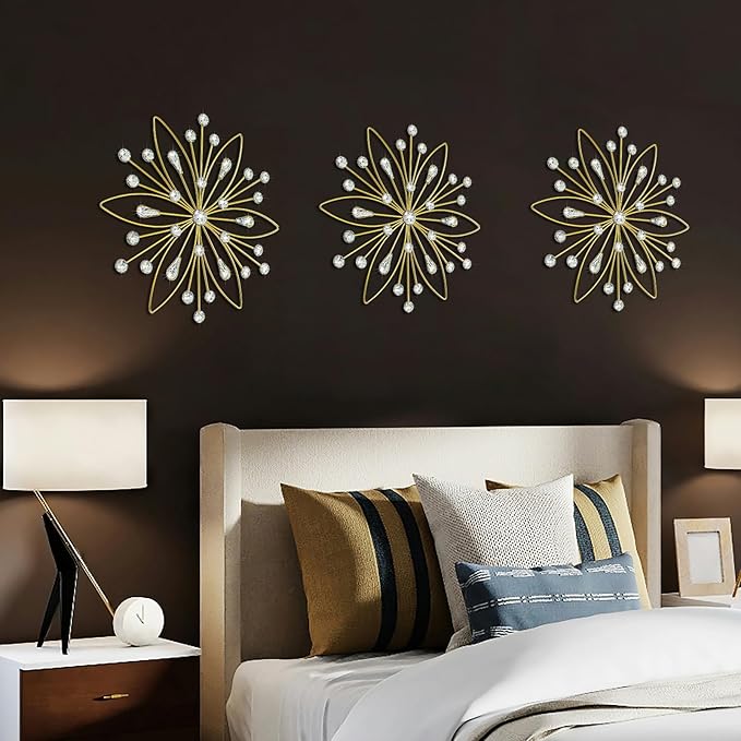 ZEXUIRU 3 Pack Gold Sunburst Wall Decor – Metal Crystal Wall Art with Sparkling Rhinestones, 14’’/18 Inch Starburst Wall Hanging Set for Living Room Bedroom Bathroom – Modern Bling Home Decorations