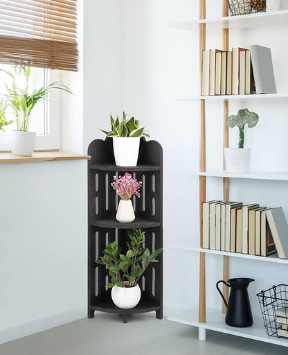 Meangood Bathroom Corner Shelf Stand, 3 Tier Solid Wood Display Shelf for Narrow Space, Shower Corner Shelf, Plant Stand Nightstand, for Living Room, Bedroom, Home Office, Elegant Black