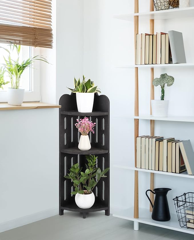 Meangood Bathroom Corner Shelf Stand, 3 Tier Solid Wood Display Shelf for Narrow Space, Shower Corner Shelf, Plant Stand Nightstand, for Living Room, Bedroom, Home Office, Elegant Black