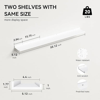 55.1 Inches Long Floating Shelves, 2 Set Rustic Wall Shelf for Bedroom, Nursery Book Shelf with Lip, Picture Ledge Shelf for Living Room, Bathroom, Kitchen - White
