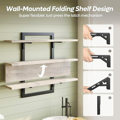 Bestier Floating Shelves for Wall, 32 inch Kitchen Shelves Wall Mounted, 3 Tier Coffee Bar Shelf with Foldable Brackets, Industrial Display Shelf for Bathroom, Living Room, Retro Grey