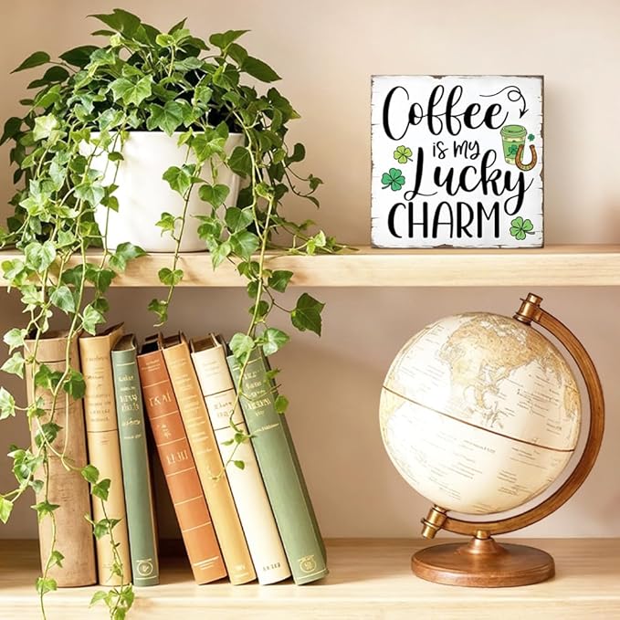 Coffee Is My Lucky Charm Wood Block Plaque Box Sign for Home Living Room Coffee House Bar Shelf Table Office Decoration, St. Patrick's Day Decor Gifts for Men Women Friend Family
