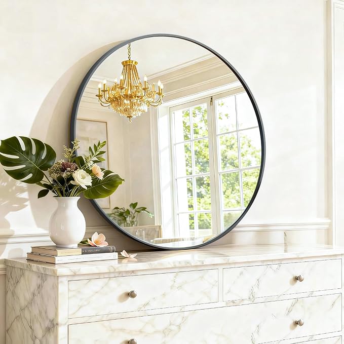 Round Wall Mirror 30 Inch Black Vanity Mirror with Metal Frame, Modern Circle for Bathroom, Entryway, Bedroom, Living Room, Wall Mounted Decorative Mirrors