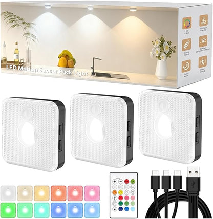 GBEAST 3 Pack Under Cabinet Lighting, Rechargeable Puck Lights with Remote, 3 Color Temps & 9 RGB Motion Sensor Cabinet Light, Magnetic Stick on Dimmable Closet Light for Kitchen Shelf Bedroom(Black)