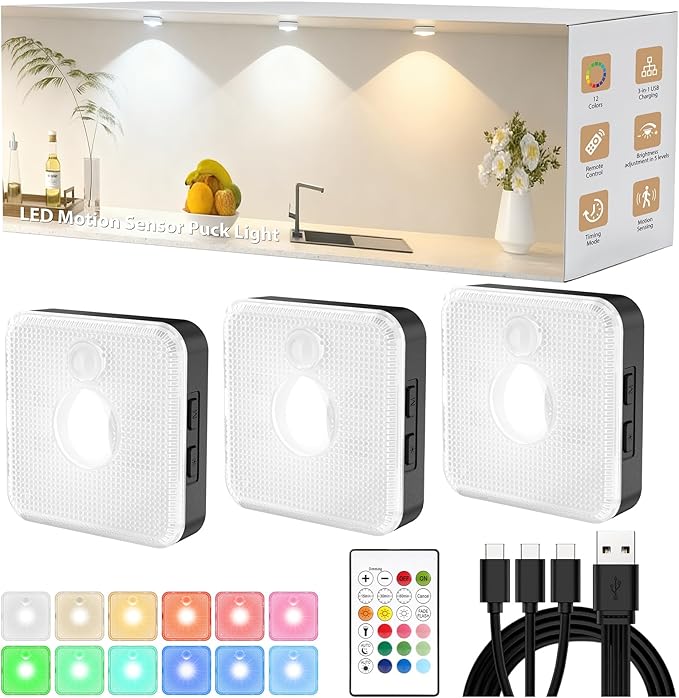 GBEAST 3 Pack Under Cabinet Lighting, Rechargeable Puck Lights with Remote, 3 Color Temps & 9 RGB Motion Sensor Cabinet Light, Magnetic Stick on Dimmable Closet Light for Kitchen Shelf Bedroom(Black)