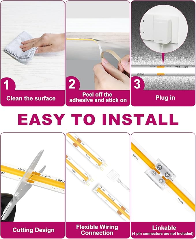 EMITEVER Under Cabinet Lighting kit, 6 PCS COB LED Strip Lights 5000K Natural White, UL Listed Dimmable Led Lights Strip for Kitchen Cabinet, Counter, Shelf, with Remote & Adapter, Timing, 9.8ft