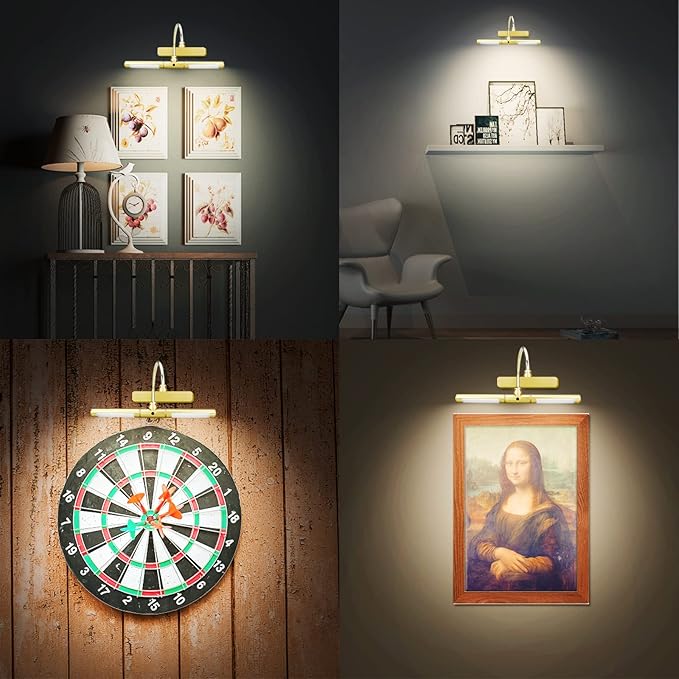 BIGLIGHT Wireless Battery Powered Bright LED Picture Light with Remote Control, 13 Inch Swivel Light Head with 3 Lighting Modes, Dimmable Lamp for Painting Photo Portrait Art Picture Frame, Gold