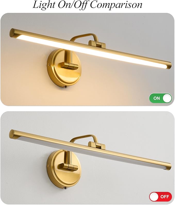 Hardwired Picture Light for Wall, 24 Inch Modern Brass Dimmable Frame Light with Adjustable Swing Arm, 3CCT LED Art Display Light for Paintings,120 Volts Gallery Wall Light, Hallway Vanity Light, 8W