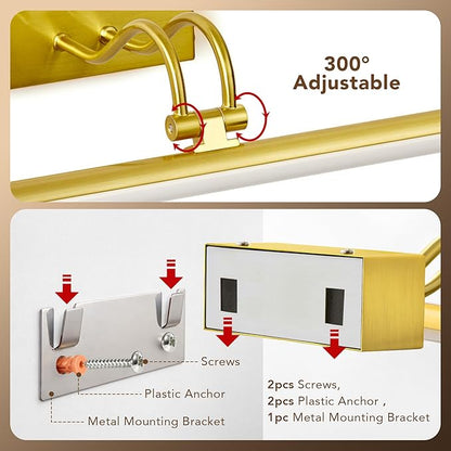 Picture Light,Picture Lights for Wall Cordless,16" Picture Lights with Timer and Dimmable,Battery Wall Lights for Display Gallery Painting Art Frame Portrait-Plated Gold
