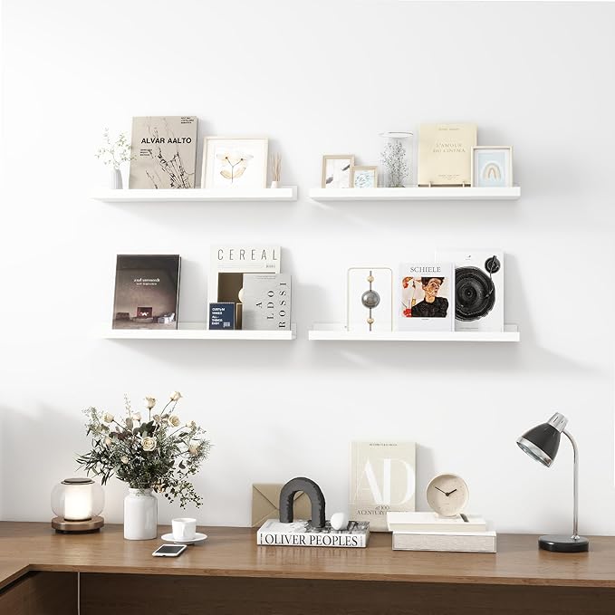 Picture Ledge Shelf, Wood Floating Shelves Set of 4, 24 inch Picture Ledge Shelves, Photo Ledge Nursery Book Shelves Wall Mounted for Living Room Kids' Room Bedroom, Color White