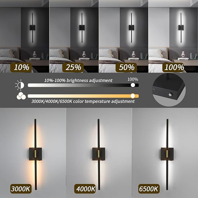 Battery Operated Wall Sconce Set of 2 Rechargeable Wireless Cordless 12000ma 360° Rotation Large Wall Lights lamp Modern Decor Linear Long Metal Black Gold 28