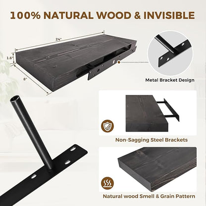 24x8x1.6 inch Floating Shelves Set of 2 – Solid Wood Rustic Black Wall Mounted Shelf for Kitchen, Bathroom, Living Room