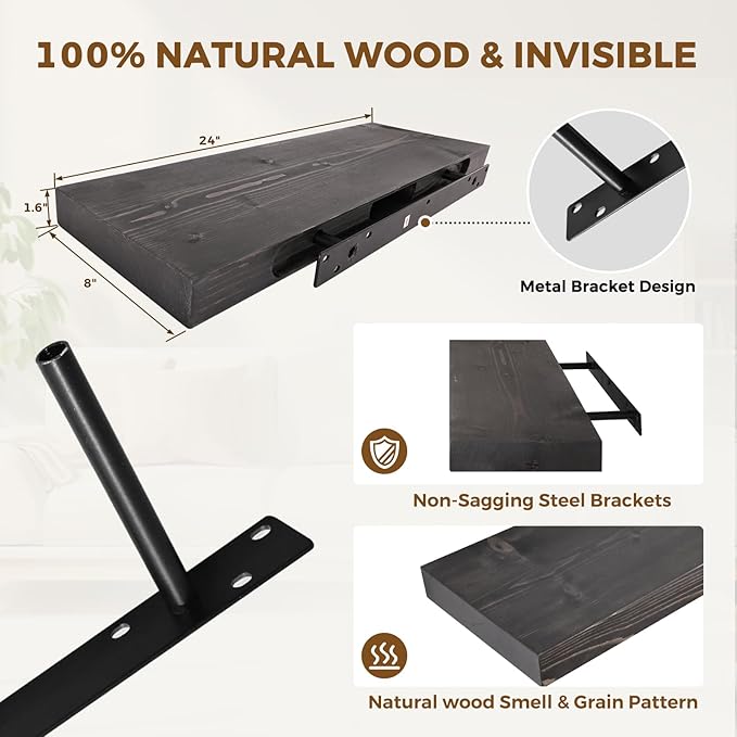 24x8x1.6 inch Floating Shelves Set of 2 – Solid Wood Rustic Black Wall Mounted Shelf for Kitchen, Bathroom, Living Room