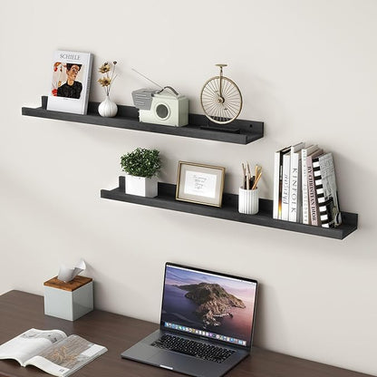 Picture Ledge Shelf Wall, 36 inch Solid Ash Wood Nursery Book Shelves 2 Packs, Floating Ledge Shelves for Kids' Room Bedroom Bathroom Living Room Photo Frames Office Nursey Wall Decor, Black