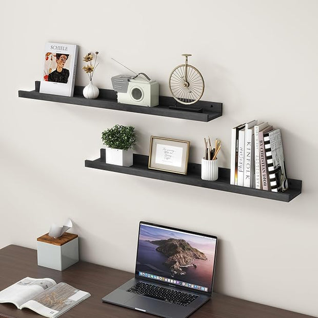 Picture Ledge Shelf Wall, 36 inch Solid Ash Wood Nursery Book Shelves 2 Packs, Floating Ledge Shelves for Kids' Room Bedroom Bathroom Living Room Photo Frames Office Nursey Wall Decor, Black