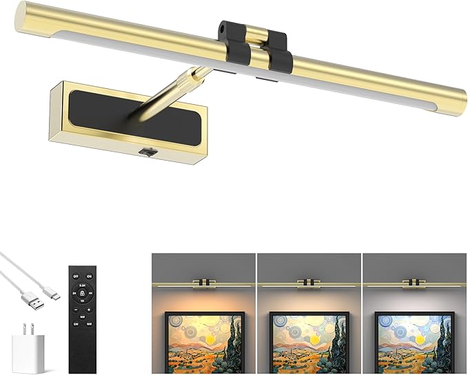 Brass Picture Light for Wall - 24inch Dimmable & Rechargeable Art Light with Extendable Arm, 25H Light Time, Angle Adjustable, 3 Color Temperatures Timer - Perfect for Paintings and Home Decor