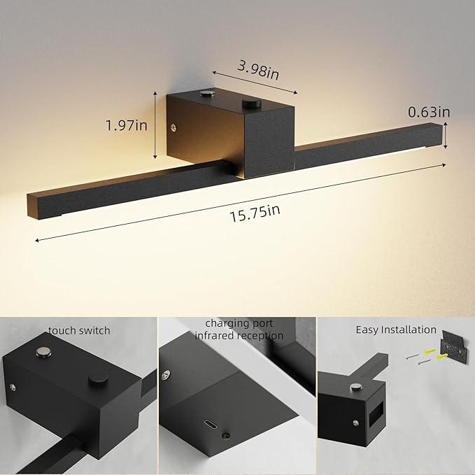 Picture Lights for Wall,Battery Operated Art Light,16in Gallery Light for Paintings,3CCT Dimmable,Metal Finish Recharging Battery Wall Light with Remote for Living Room Gallery(Black)
