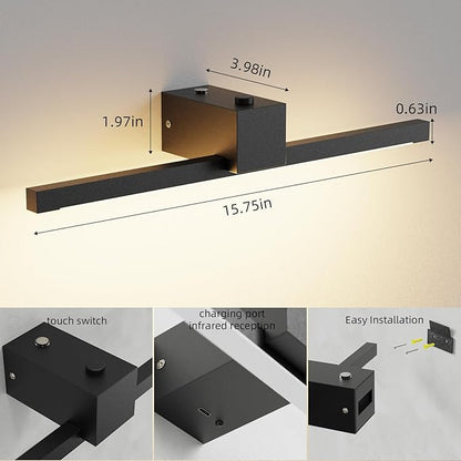 Picture Lights for Wall,Battery Operated Art Light,16in Gallery Light for Paintings,3CCT Dimmable,Metal Finish Recharging Battery Wall Light with Remote for Living Room Gallery(Black)
