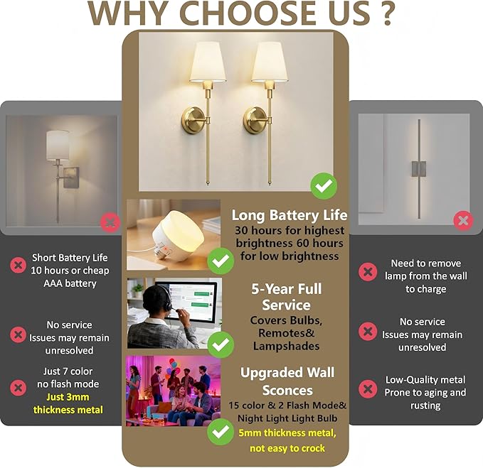 DORESshop Battery Operated Wall Sconce Set of 2, Wireless Wall Light Easy to Install, 15 Color Rechargeable Wall Sconces, Sconce Wall Decor Set of 2 for Bedroom, Living Room, Gold, 24.6in