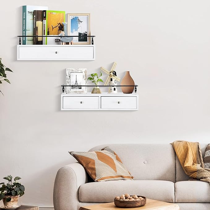 Floating Shelves for Wall Storage - Wall Mounted Bathroom Shelf Set of 2 with Drawers, Rustic Wood Shelves for Bedroom, Living Room, Kitchen, Home Decor, Plants, Books
