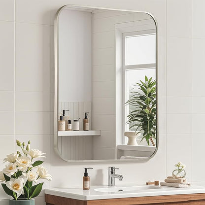 Brushed Nickel Mirror, 30"x36" Rectangle Bathroom Mirror, Metal Frame Rectangle Corner Vanity Mirror, Wall Mounted Mirror for Modern, Living Room, Bedroom, Horizontal Or Vertical