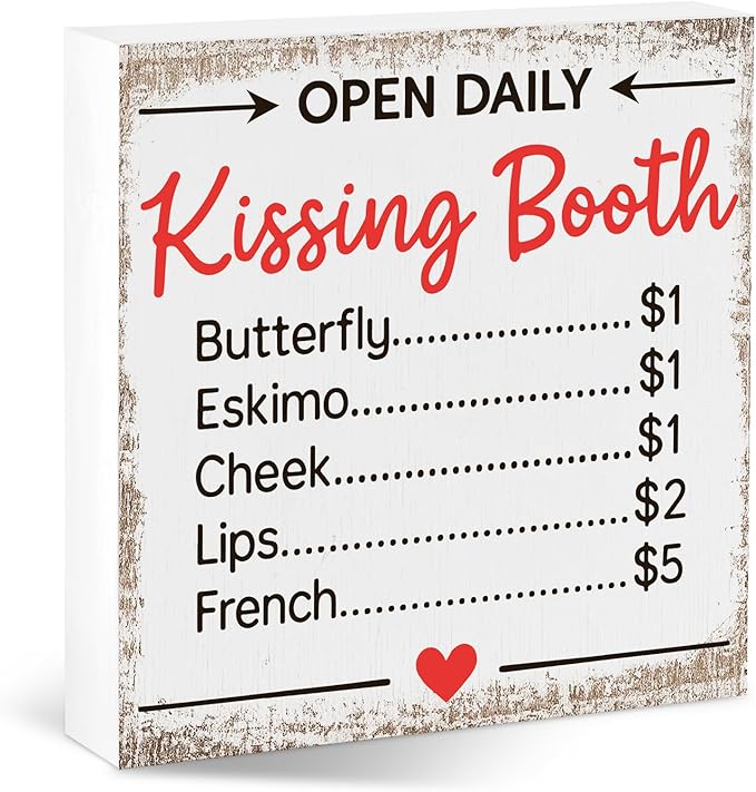 Valentines Desk Decor, Valentine's Day Home Office Table Sign for Wife Daughter from Dad Husband, Valentine Gifts Decorations for Porch Tiered Tray Shelf Party, Open Daily Kissing Booth