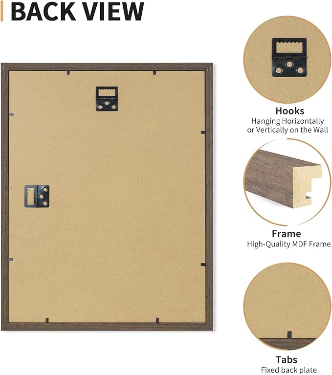 ATOBART 11x14 Picture Frame Set of 4, Displays 8x10 with Mat or 11x14 Without Mat, Photo Frames for Wall Hanging or Tabletop, Includes HD Plexiglass, Brown