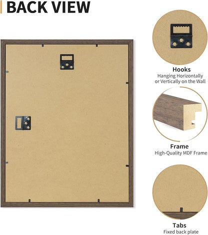 ATOBART 11x14 Picture Frame Set of 4, Displays 8x10 with Mat or 11x14 Without Mat, Photo Frames for Wall Hanging or Tabletop, Includes HD Plexiglass, Brown