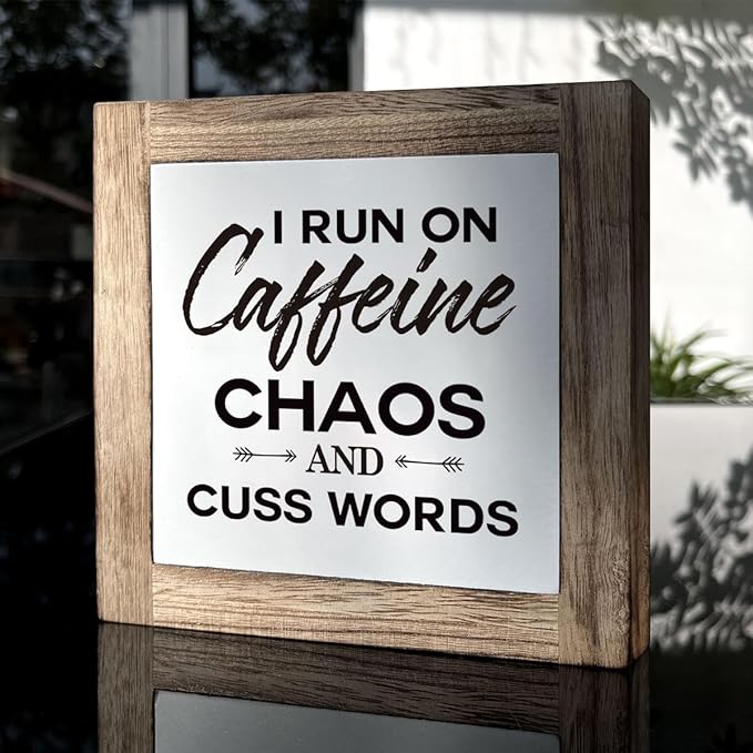 Modern Farmhouse Coffee Decor, White & Brown Wooden Box Sign, 5.9x5.9x0.7 Inch, I Run On Caffeine Chaos And Cuss Words