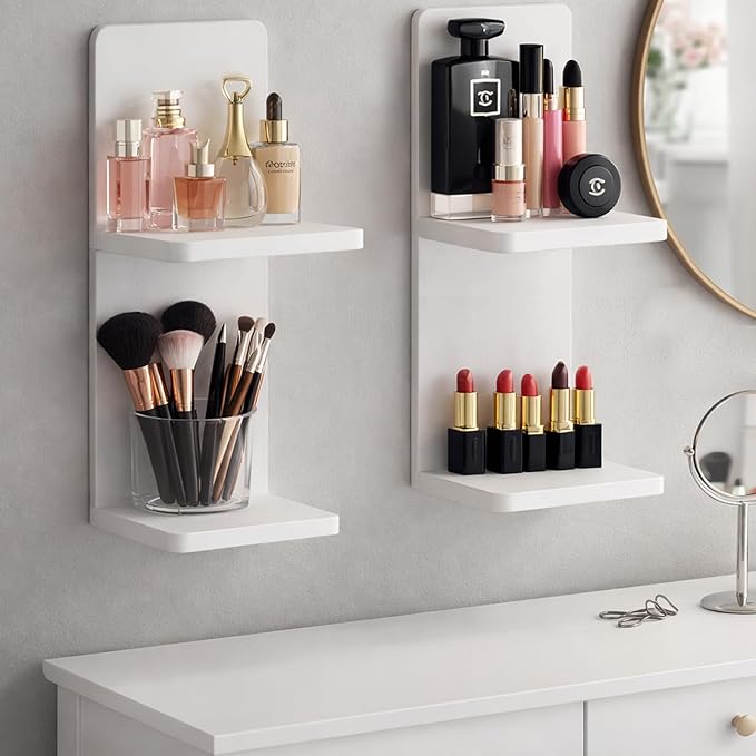 Floating Wall Shelves Set of 2, White Solid Wood Double Layer Wall Mounted Shelf, 20 x 8 x 6 Inches, Modern Storage for Bedroom, Bathroom, Kitchen, Home Decor, Plants & Cosmetics