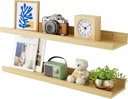 24 Inch Bamboo Floating Shelves - Picture Ledge Shelf with Lip Set of 2, Hanging Bamboo Wall Shelf for Storage, Natural Wood Floating Shelves for Living Room, Bedroom, Kitchen