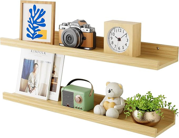 24 Inch Bamboo Floating Shelves - Picture Ledge Shelf with Lip Set of 2, Hanging Bamboo Wall Shelf for Storage, Natural Wood Floating Shelves for Living Room, Bedroom, Kitchen