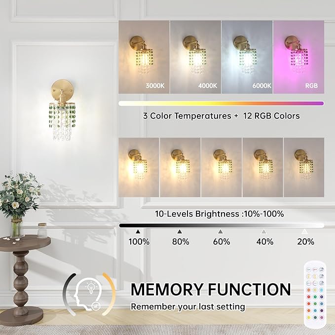 Set of 2 Crystal Battery Operated Wall Sconce,Rechargeable Wall Lamp with 5400mAh Battery & Remote Control, Modern Dimmable Wireless Wall Lights for Bedroom Bathroom (Green, Gold Base)
