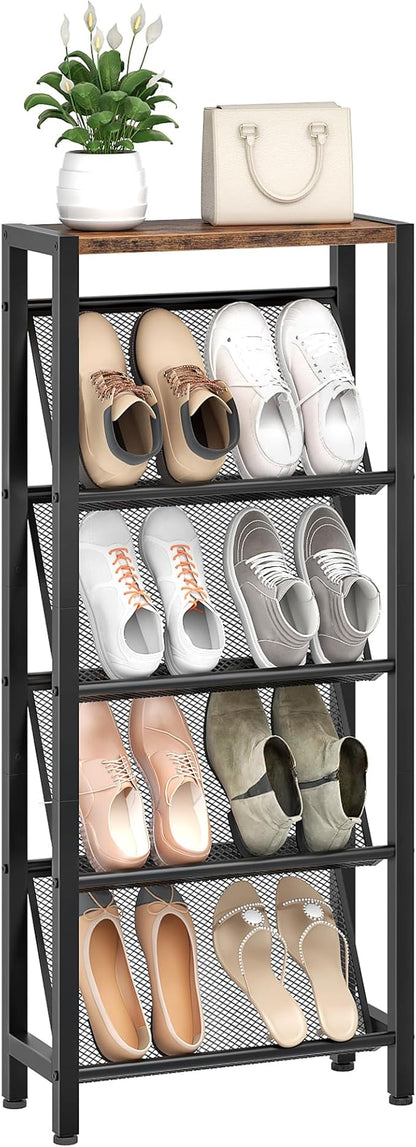 Shoe Rack, 5-Tier Slanted Shoe Rack, Narrow Shoe Storage Shelf, Slim Shoe Organizer for Entryway, Space-Saving, Wooden Top and Metal Frame, for Entryway, Hallway Rustic Brown and Black TXJ03BF
