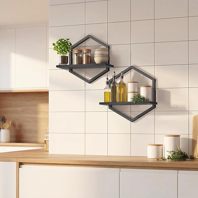 KALYLOC Floating Shelves for Wall, Hanging Shelves Wall Shelf for Plants, Decorative Wall Mounted Shelves for Living Room Bedroom Bathroom Home Office Kitchen, Black Wood Set of 2