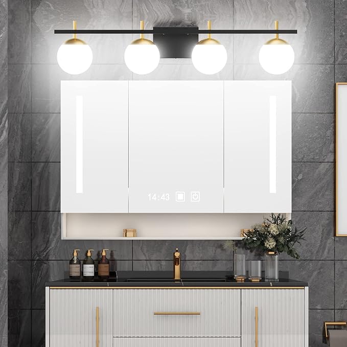 Ralbay Mid Century Modern Vanity Light Fixture 4-Light Milky Glass Modern Bathroom Vanity Lights Over Mirror, Black/Golden Modern Vanity Light for Bathroom Black and Gold 4 Light(Exclude Bulb)