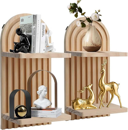 2 Pack Wooden Arched Wall Shelves, Mid-Century Modern Bohemian Style Double Layer Floating Shelves, Wall Mounted Display Shelves for Living Room, Bedroom, Nursery and Office Decor