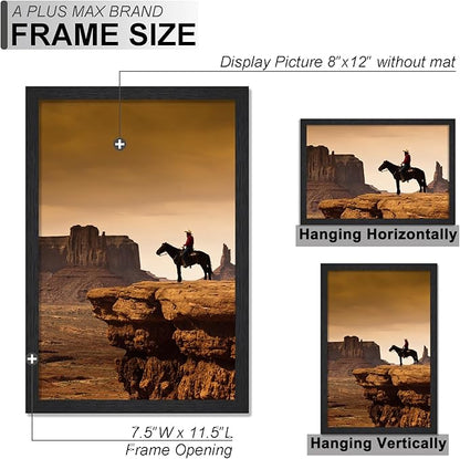 A PLUS MAX 8x12 Picture Frame Set of 2, Black Engineered Wood Frame for 8 x 12 Inch Picture Poster Photo, Light Weight 8 by 12 Frame with Wood-grain for Wall - 2 Pack/Black/8"x12"