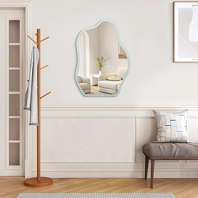 Irregular Wooden Framed Mirror for Wall Modern Artistic Asymmetrical Mirror Unique Shape Cloud Hanging Wall Mirrors Decor Bathroom Vanity Bedroom Living Room Entryway Hallway Green