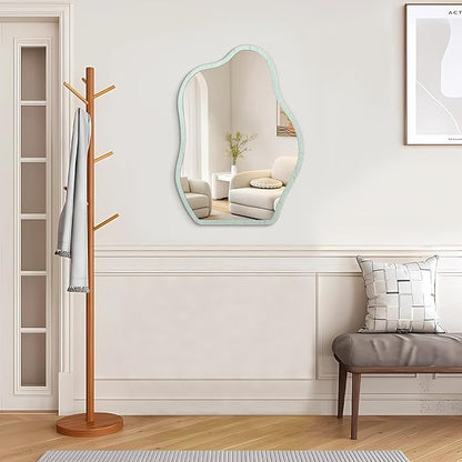 Irregular Wooden Framed Mirror for Wall Modern Artistic Asymmetrical Mirror Unique Shape Cloud Hanging Wall Mirrors Decor Bathroom Vanity Bedroom Living Room Entryway Hallway Green